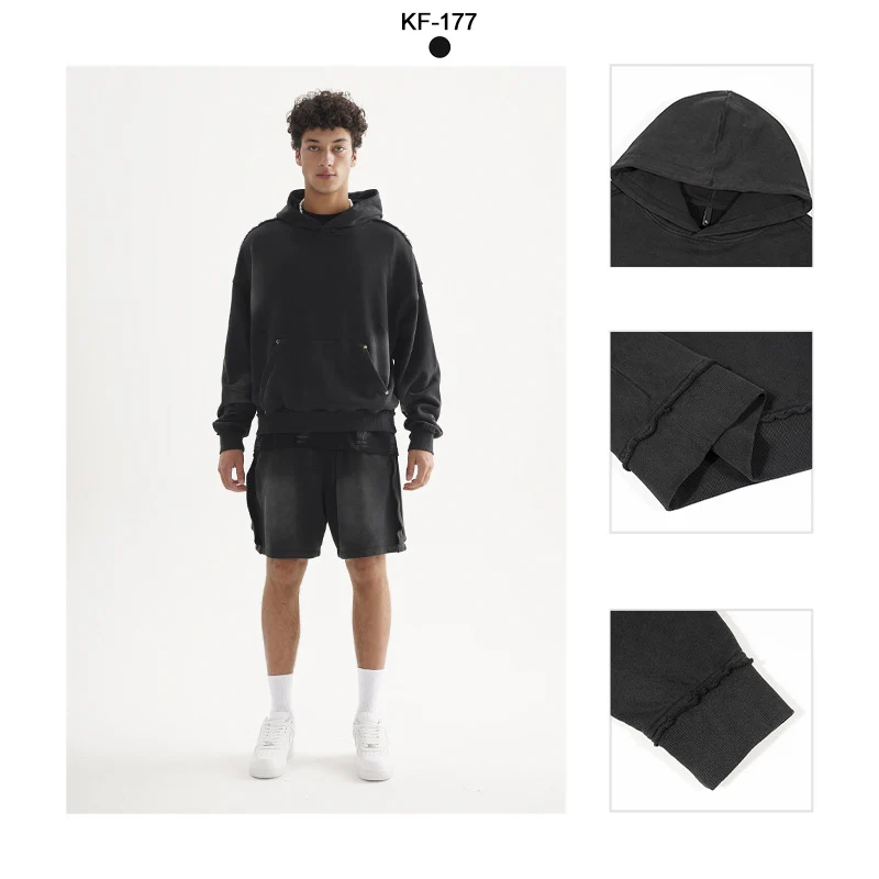 Unisex Oversized Kapuzenpullover mit ausgefranstem Saum, Kängurutasche und verwaschenem Bleicheffekt Drune