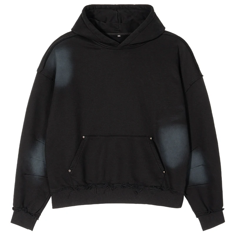 Unisex Oversized Kapuzenpullover mit ausgefranstem Saum, Kängurutasche und verwaschenem Bleicheffekt Drune