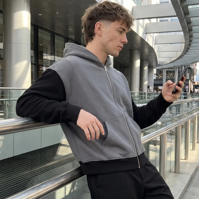 Herren Reißverschluss-Kapuzenjacke im Colorblock-Stil aus French-Terry mit Kängurutasche Drune