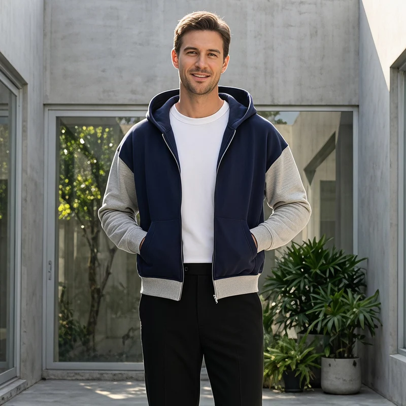 Herren Reißverschluss-Kapuzenjacke im Colorblock-Stil aus French-Terry mit Kängurutasche Drune
