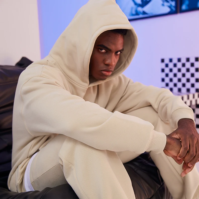Herren Oversized Kapuzenpullover aus French-Terry mit Kängurutasche und Rippbündchen Drune