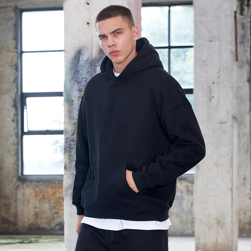 Herren Oversized Kapuzenpullover aus French-Terry mit Kängurutasche und Rippbündchen Drune
