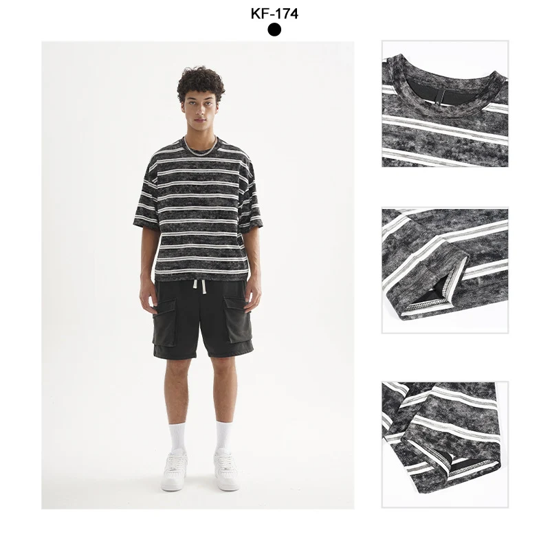 Herren Oversize Kurzarmshirt im verwaschenen Used-Look mit Blockstreifen Drune