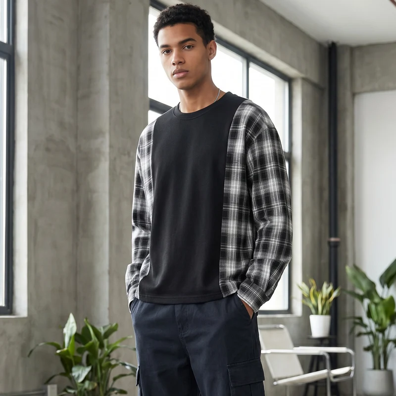 Herren Langarmshirt im Lagenlook mit karierter Flanell-Einsätzen Drune