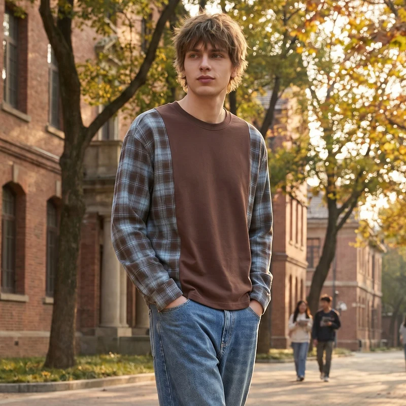Herren Langarmshirt im Lagenlook mit karierter Flanell-Einsätzen Drune