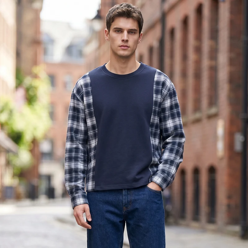 Herren Langarmshirt im Lagenlook mit karierter Flanell-Einsätzen Drune