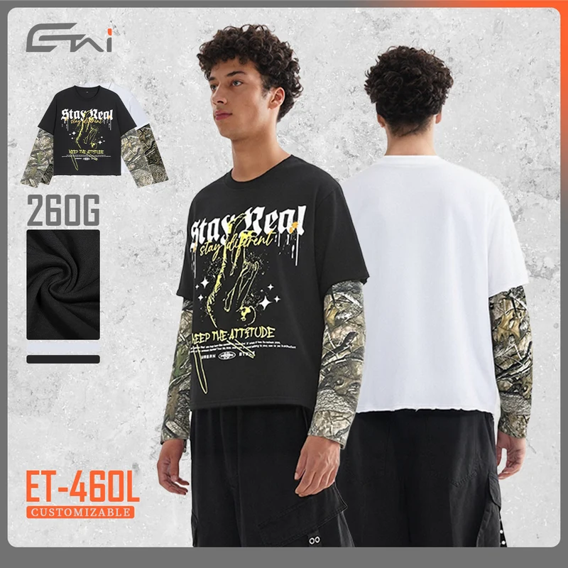 Herren Lagen-Langarm-T-Shirt mit Camouflage-Innensärmeln und Gothic-Print Drune