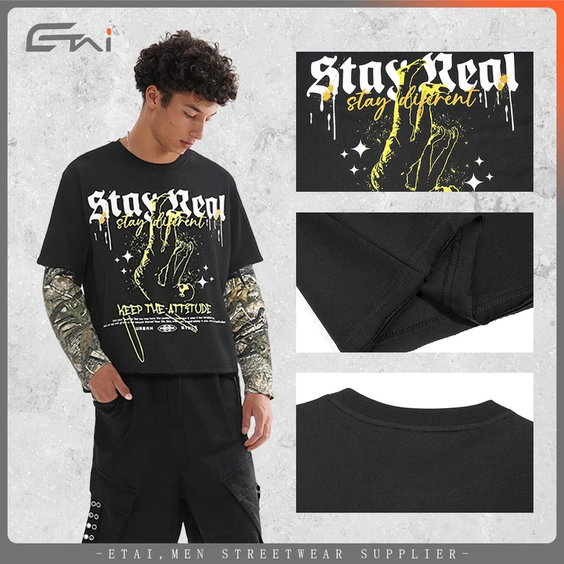 Herren Lagen-Langarm-T-Shirt mit Camouflage-Innensärmeln und Gothic-Print Drune