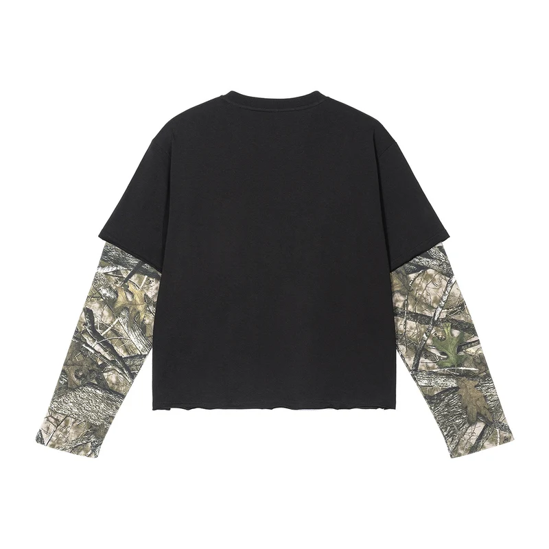 Herren Lagen-Langarm-T-Shirt mit Camouflage-Innensärmeln und Gothic-Print Drune