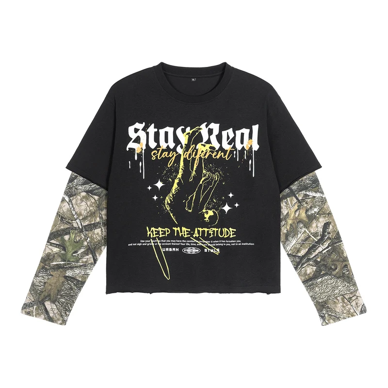 Herren Lagen-Langarm-T-Shirt mit Camouflage-Innensärmeln und Gothic-Print Drune