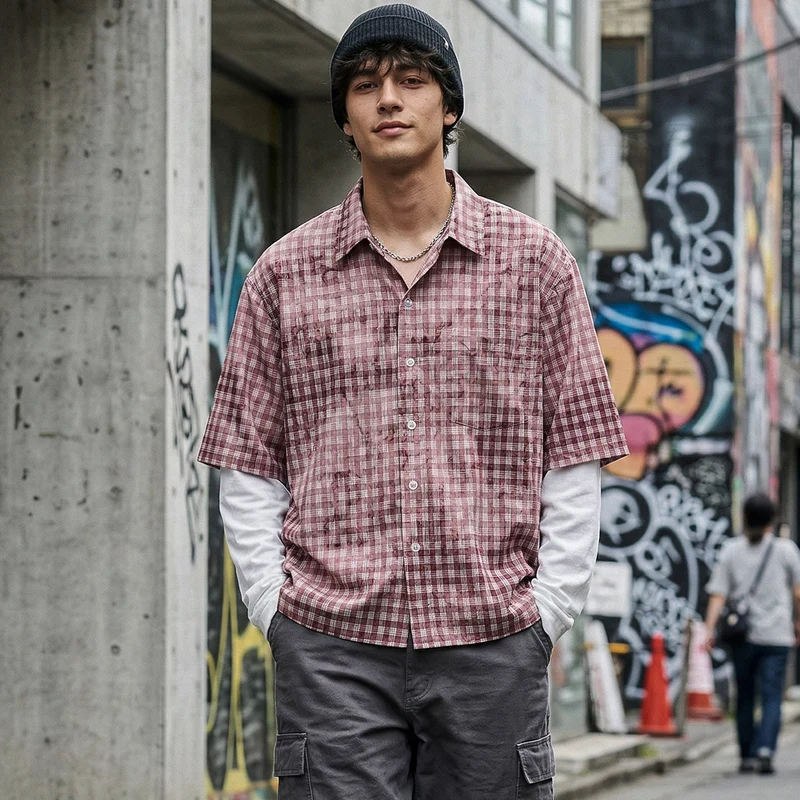 Herren Karierte Overshirt mit integriertem Langarm-Layer Drune