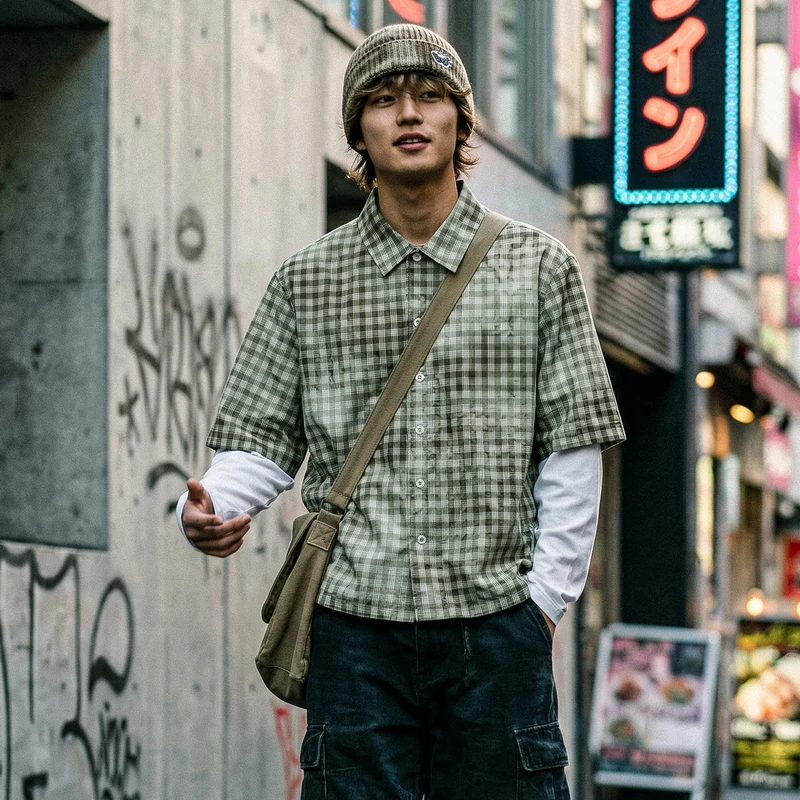 Herren Karierte Overshirt mit integriertem Langarm-Layer Drune