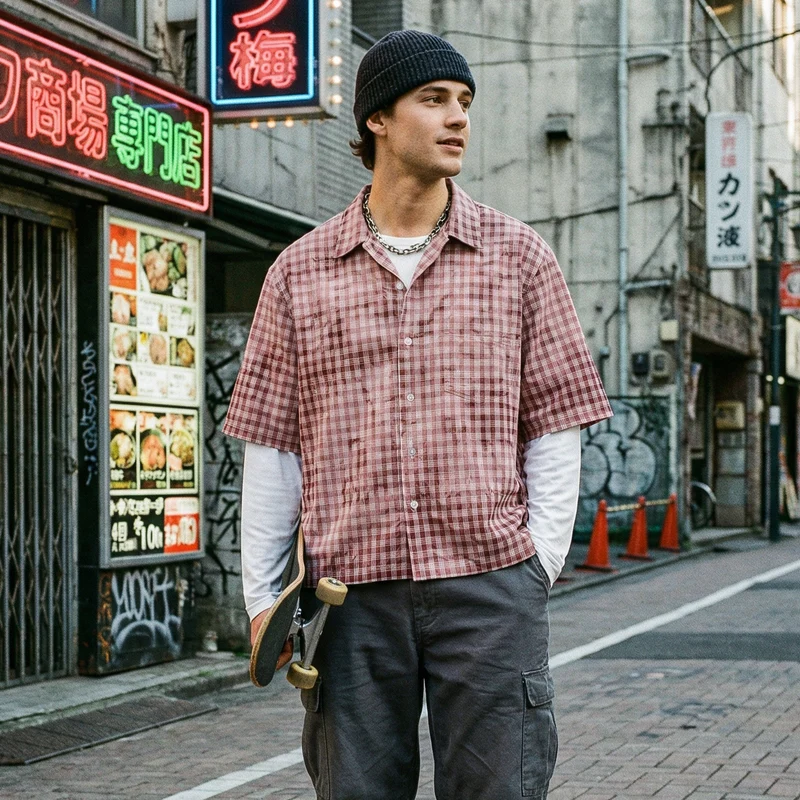 Herren Karierte Overshirt mit integriertem Langarm-Layer Drune