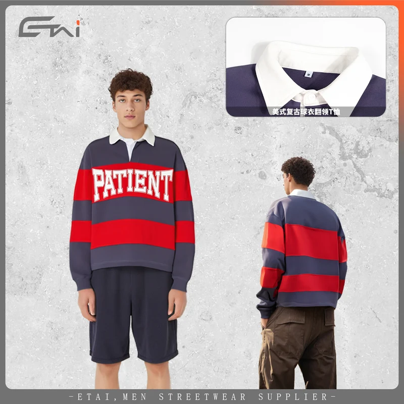Herren Gestreiftes Rugby-Polo Sweatshirt mit Kontrastkragen und Oversize-Passform Drune