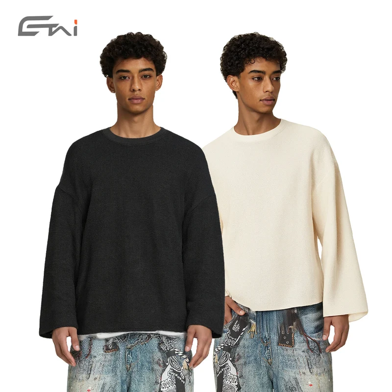 Herren Boxy Waffelstrick-Pullover mit Oversize-Schnitt und Rundhalsausschnitt Drune