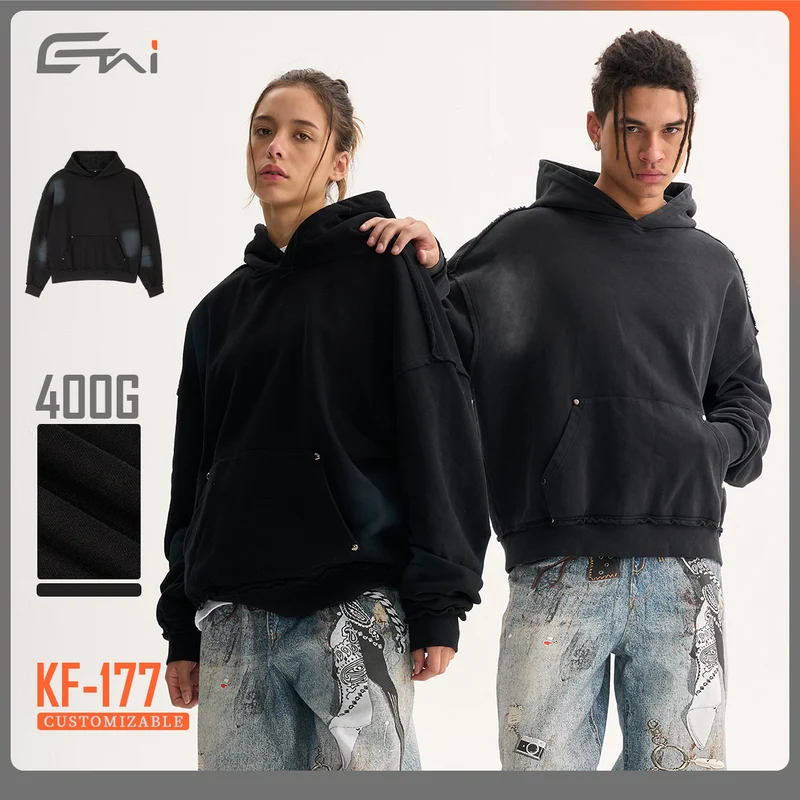 Herren Boxy-Kapuzenpullover mit abgenutztem Saum, Nieten-Kängurutasche und verwaschenem Fleckeneffekt Drune