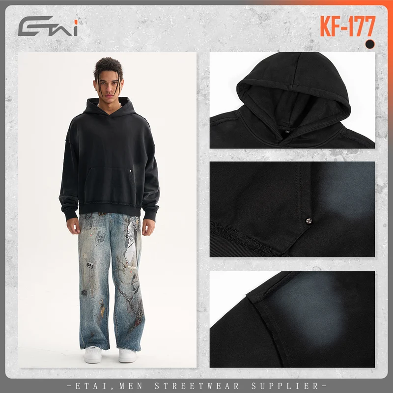 Herren Boxy-Kapuzenpullover mit abgenutztem Saum, Nieten-Kängurutasche und verwaschenem Fleckeneffekt Drune