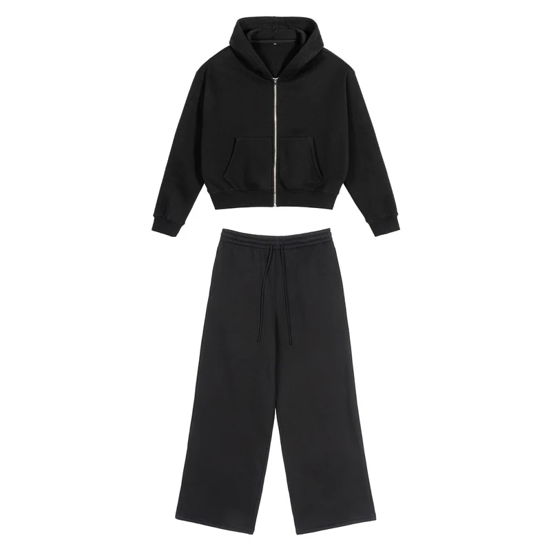 Damen Zweiteiliges Lounge-Set mit Cropped Kapuzen-Zipjacke und weiter hochgeschnittener Sweathose Drune