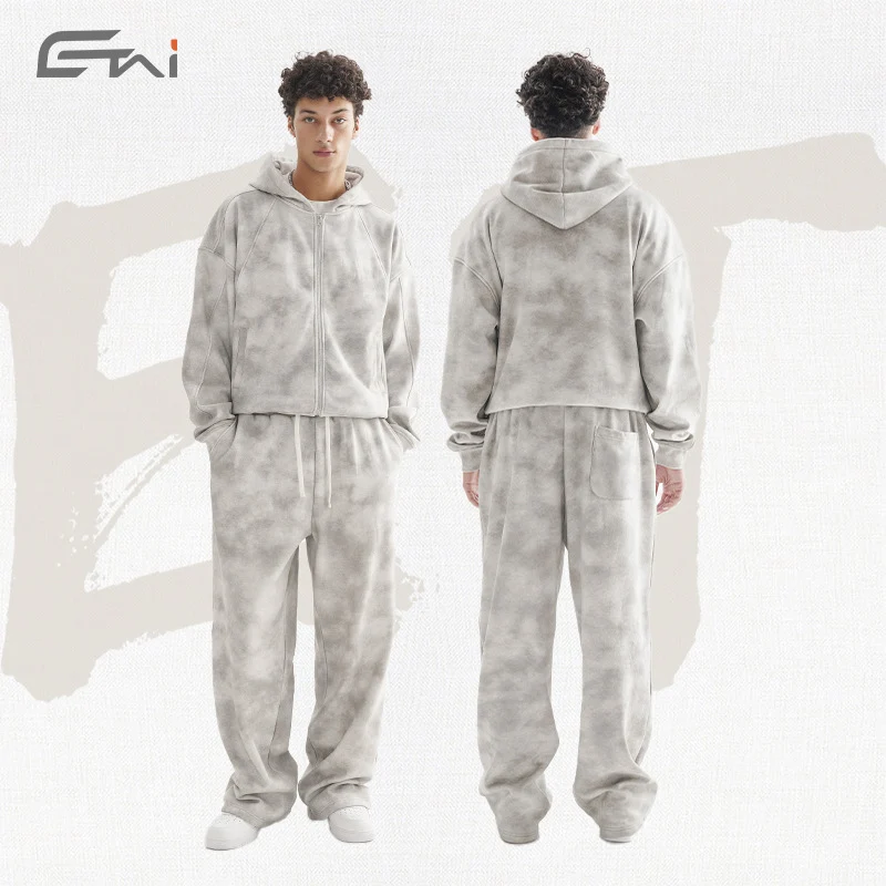 Damen Loungewear-Set aus French-Terry mit Cropped-Reißverschluss-Hoodie und weit geschnittener Sweatpant Drune