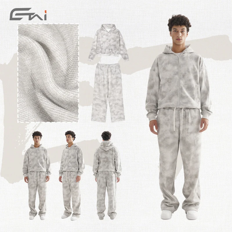 Damen Loungewear-Set aus French-Terry mit Cropped-Reißverschluss-Hoodie und weit geschnittener Sweatpant Drune