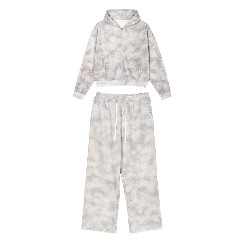 Damen Loungewear-Set aus French-Terry mit Cropped-Reißverschluss-Hoodie und weit geschnittener Sweatpant Drune