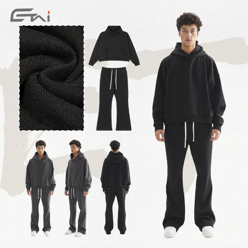 Damen Cropped-Kapuzenpullover und ausgestellte Sweathose Lounge-Set aus French-Terry Drune