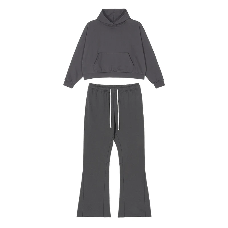 Damen Cropped-Kapuzenpullover und ausgestellte Sweathose Lounge-Set aus French-Terry Drune