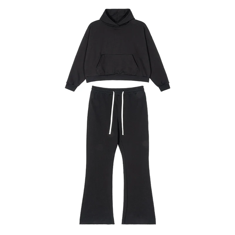 Damen Cropped-Kapuzenpullover und ausgestellte Sweathose Lounge-Set aus French-Terry Drune