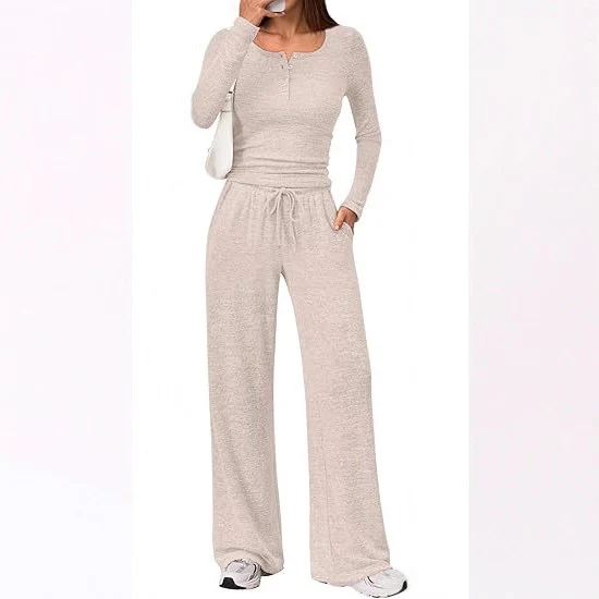 Damen Zweiteiliges Lounge-Set mit Henley-Top und weitem Jogginghose Schnitt Drune