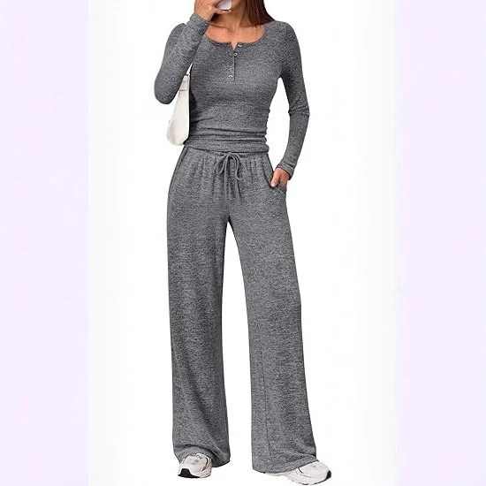 Damen Zweiteiliges Lounge-Set mit Henley-Top und weitem Jogginghose Schnitt Drune