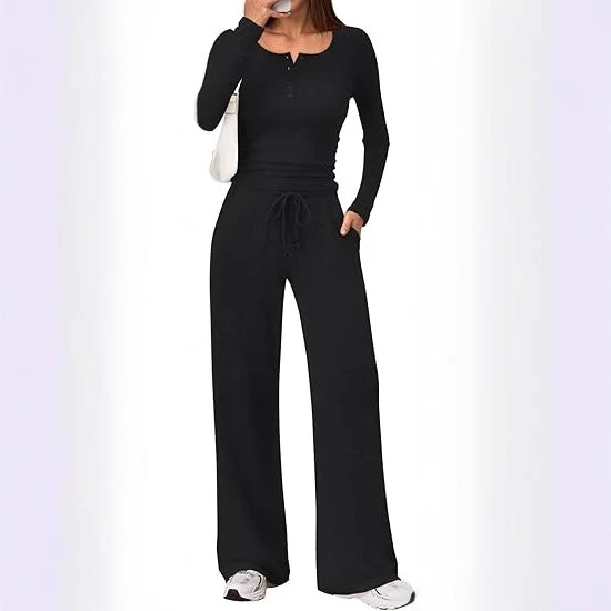 Damen Zweiteiliges Lounge-Set mit Henley-Top und weitem Jogginghose Schnitt Drune