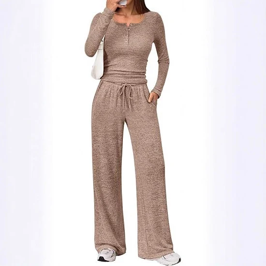 Damen Zweiteiliges Lounge-Set mit Henley-Top und weitem Jogginghose Schnitt Drune