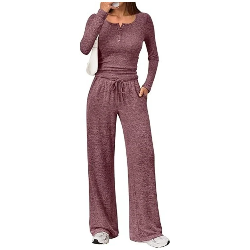 Damen Zweiteiliges Lounge-Set mit Henley-Top und weitem Jogginghose Schnitt Drune
