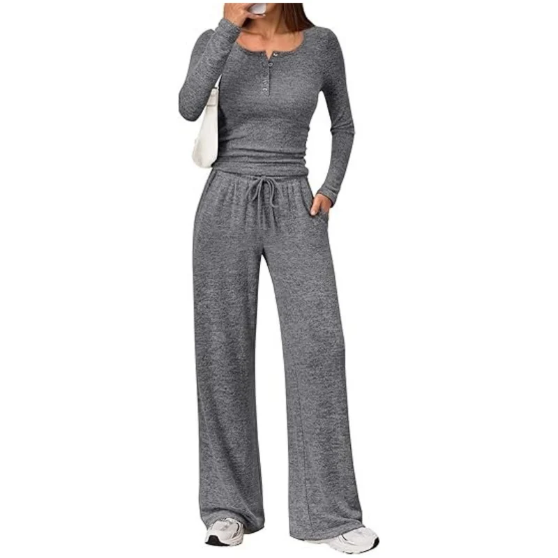 Damen Zweiteiliges Lounge-Set mit Henley-Top und weitem Jogginghose Schnitt Drune