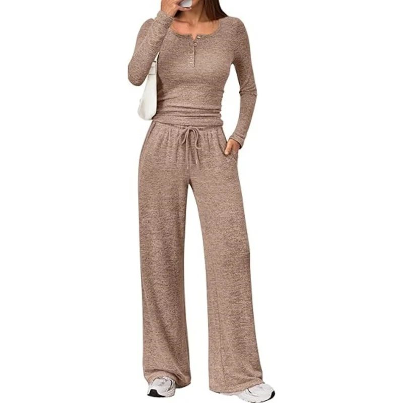 Damen Zweiteiliges Lounge-Set mit Henley-Top und weitem Jogginghose Schnitt Drune