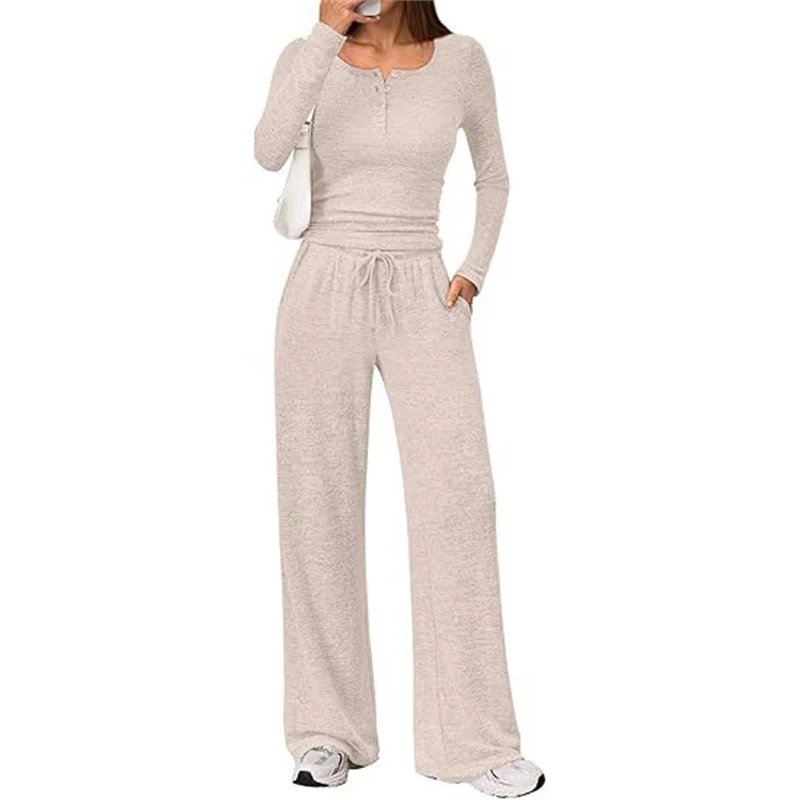 Damen Zweiteiliges Lounge-Set mit Henley-Top und weitem Jogginghose Schnitt Drune