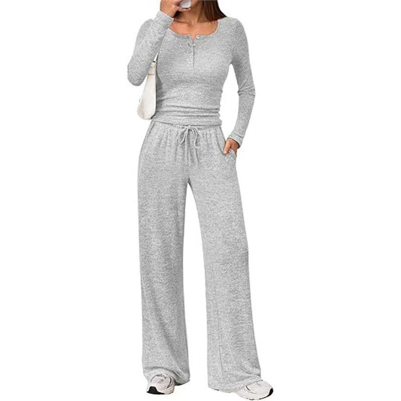 Damen Zweiteiliges Lounge-Set mit Henley-Top und weitem Jogginghose Schnitt Drune
