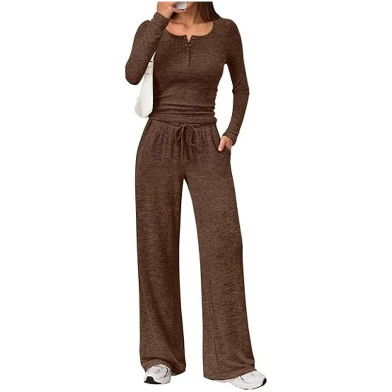 Damen Zweiteiliges Lounge-Set mit Henley-Top und weitem Jogginghose Schnitt Drune