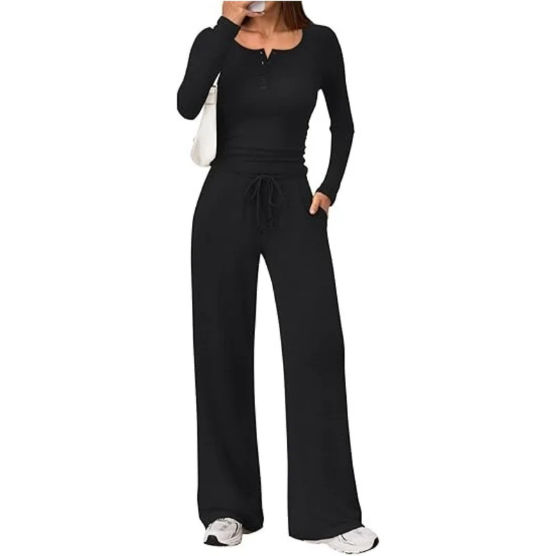 Damen Zweiteiliges Lounge-Set mit Henley-Top und weitem Jogginghose Schnitt Drune
