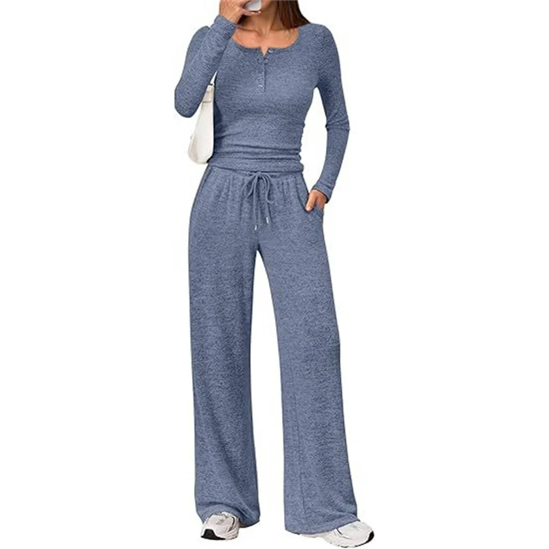 Damen Zweiteiliges Lounge-Set mit Henley-Top und weitem Jogginghose Schnitt Drune