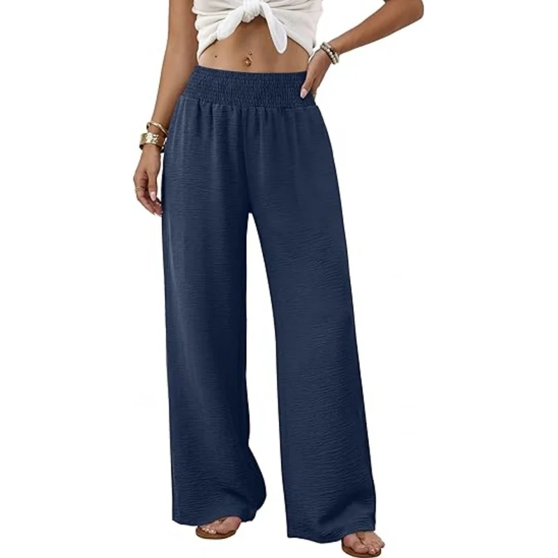 Damen weite Palazzo-Hose mit gerafftem Stretchbund Drune
