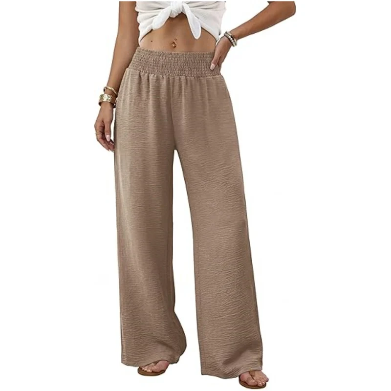 Damen weite Palazzo-Hose mit gerafftem Stretchbund Drune