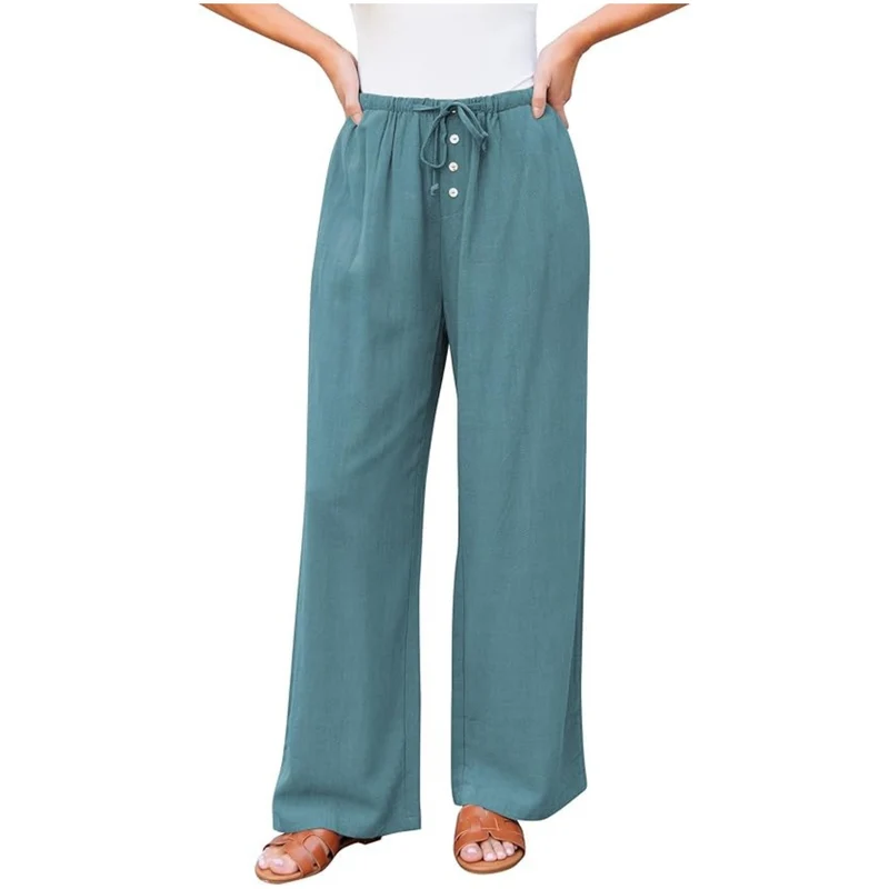 Damen weite Leinenhose mit elastischem Bund, Kordelzug und Knopfleiste Drune