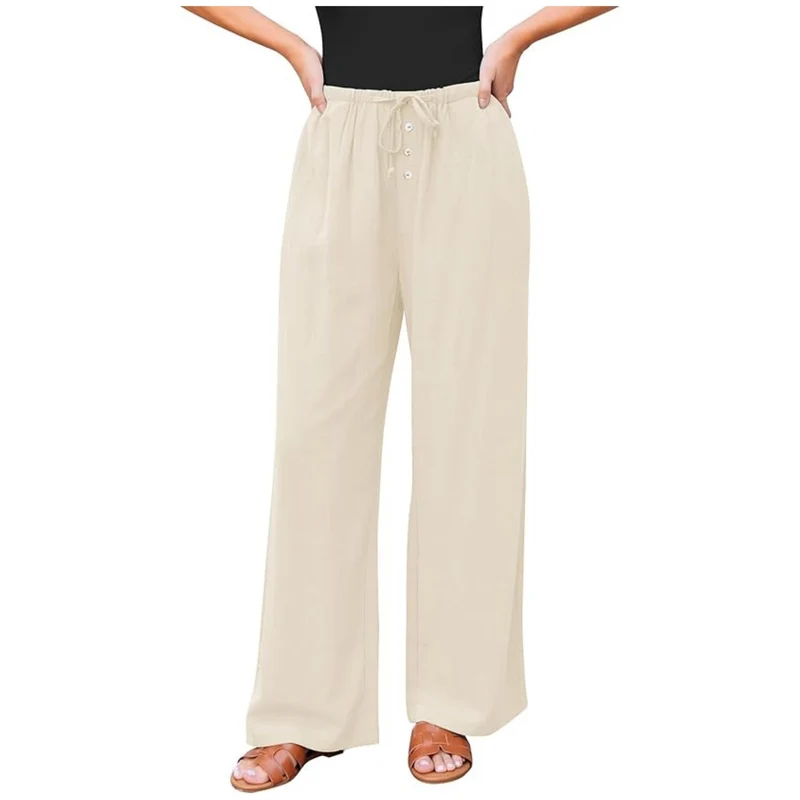 Damen weite Leinenhose mit elastischem Bund, Kordelzug und Knopfleiste Drune