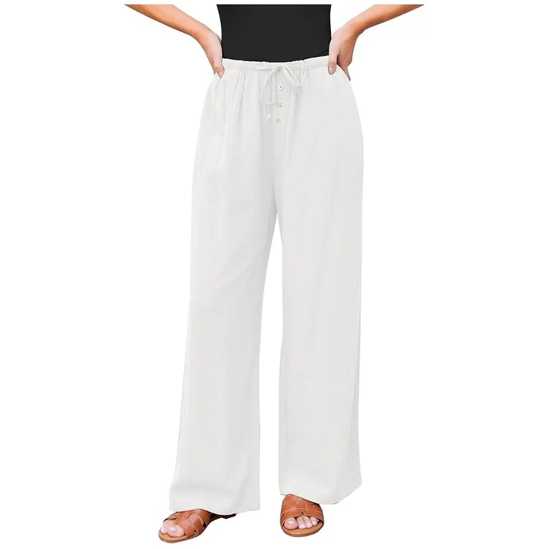 Damen weite Leinenhose mit elastischem Bund, Kordelzug und Knopfleiste Drune