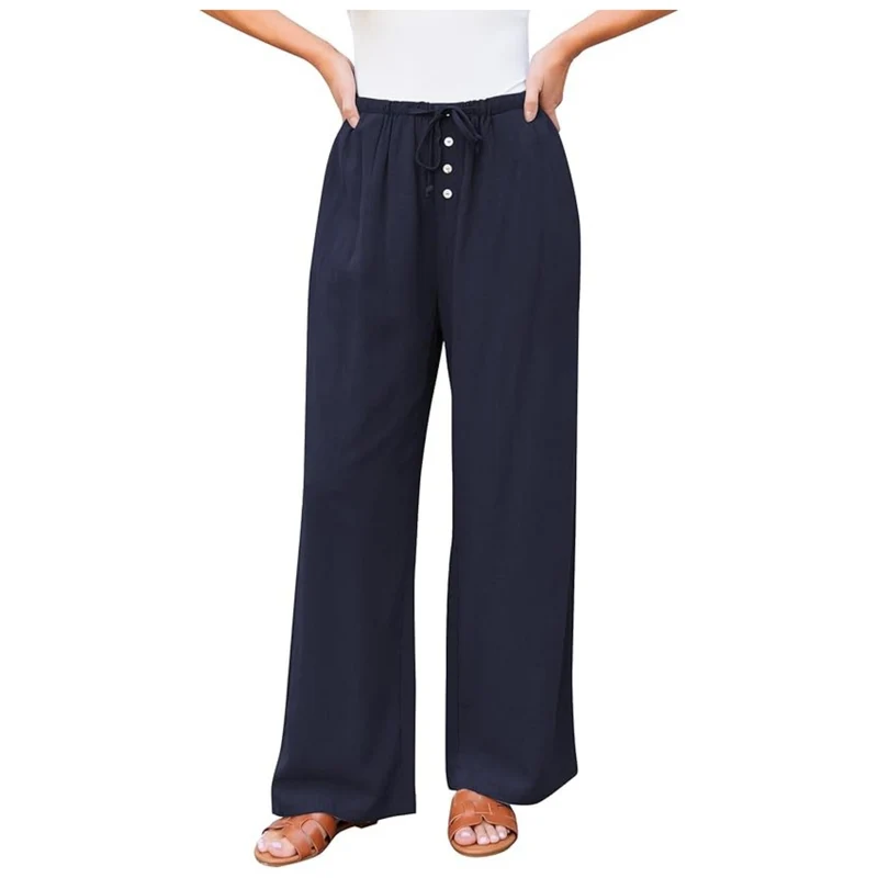 Damen weite Leinenhose mit elastischem Bund, Kordelzug und Knopfleiste Drune