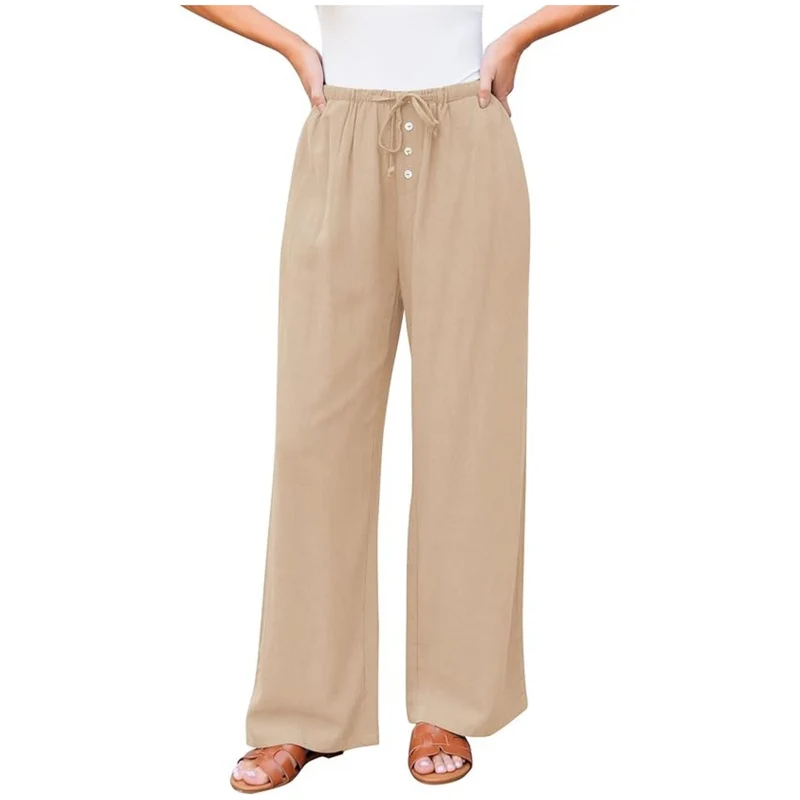 Damen weite Leinenhose mit elastischem Bund, Kordelzug und Knopfleiste Drune