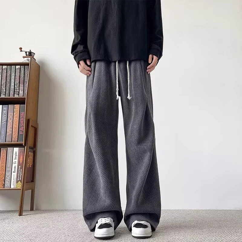 Herren Weite Lounge‑Hose mit Kordelzug und Fischgrät‑Struktur Drune
