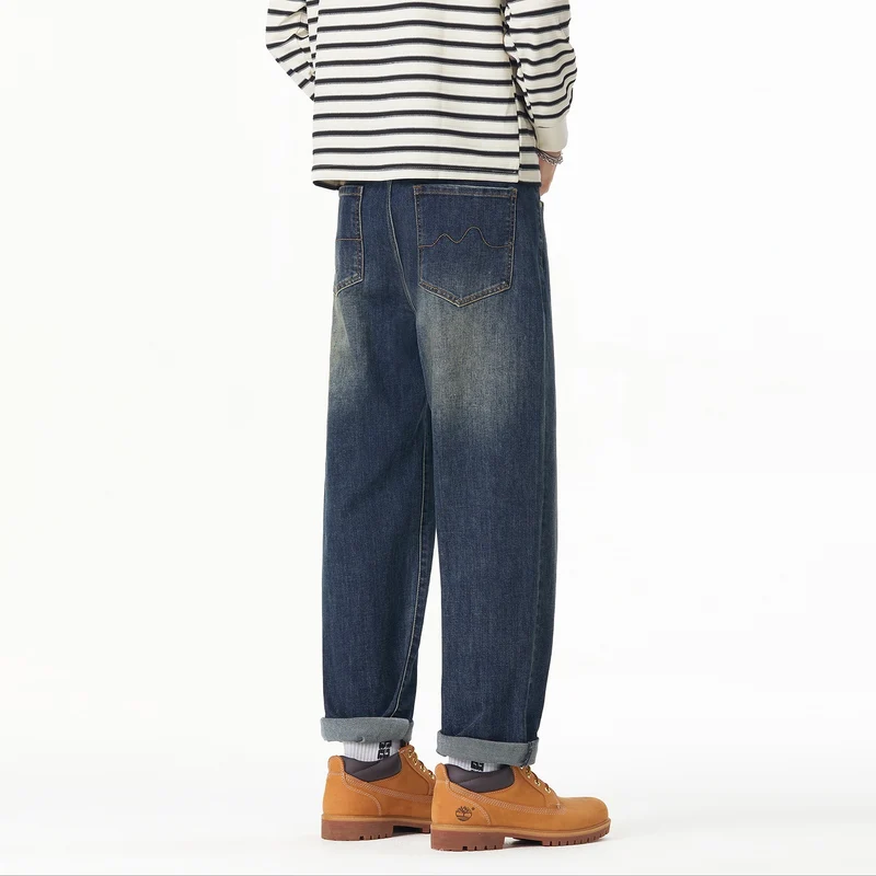 Herren Weite gerade geschnittene Denim-Jeans mit Used‑Wash und Umschlagbund Drune