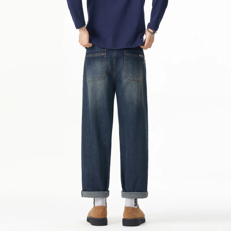 Herren Weite gerade geschnittene Denim-Jeans mit Used‑Wash und Umschlagbund Drune